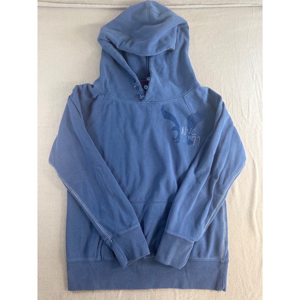 American Eagle Outfitters Mens Blue Hoodie Eagle NYC 77 Button Neck Pullover L